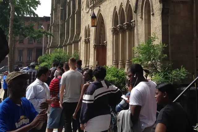 New Yorker's waiting in line for the first Begin Again event, in June